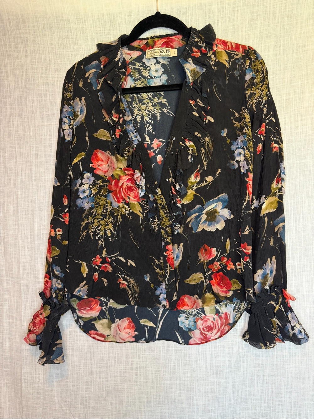 GO by GO Silk 100% Silk Black Floral Ruffle Blouse Whimsigoth Dark Academia XS